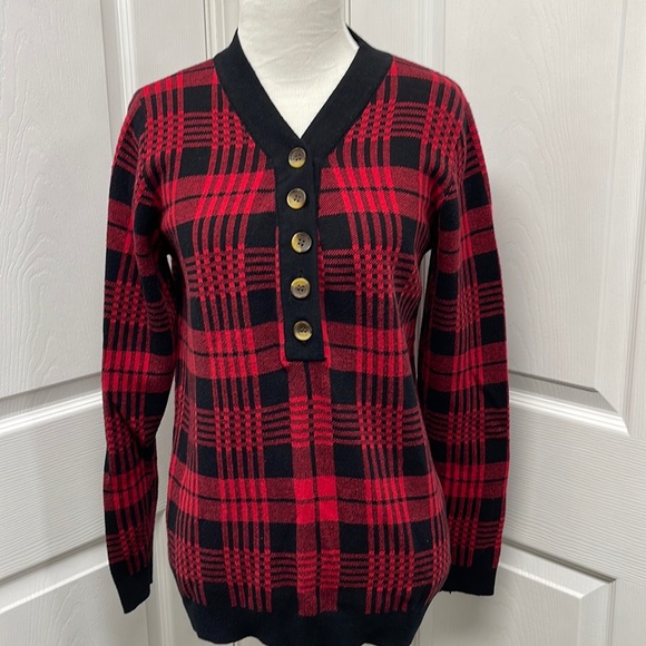 Merokeety Sweaters - MEROKEETY Red Black Plaid Cotton Sweater M